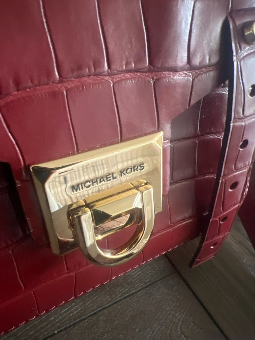 Michael Kors Burgundy Croc-Embossed Manhattan Satchel with Gold Hardware